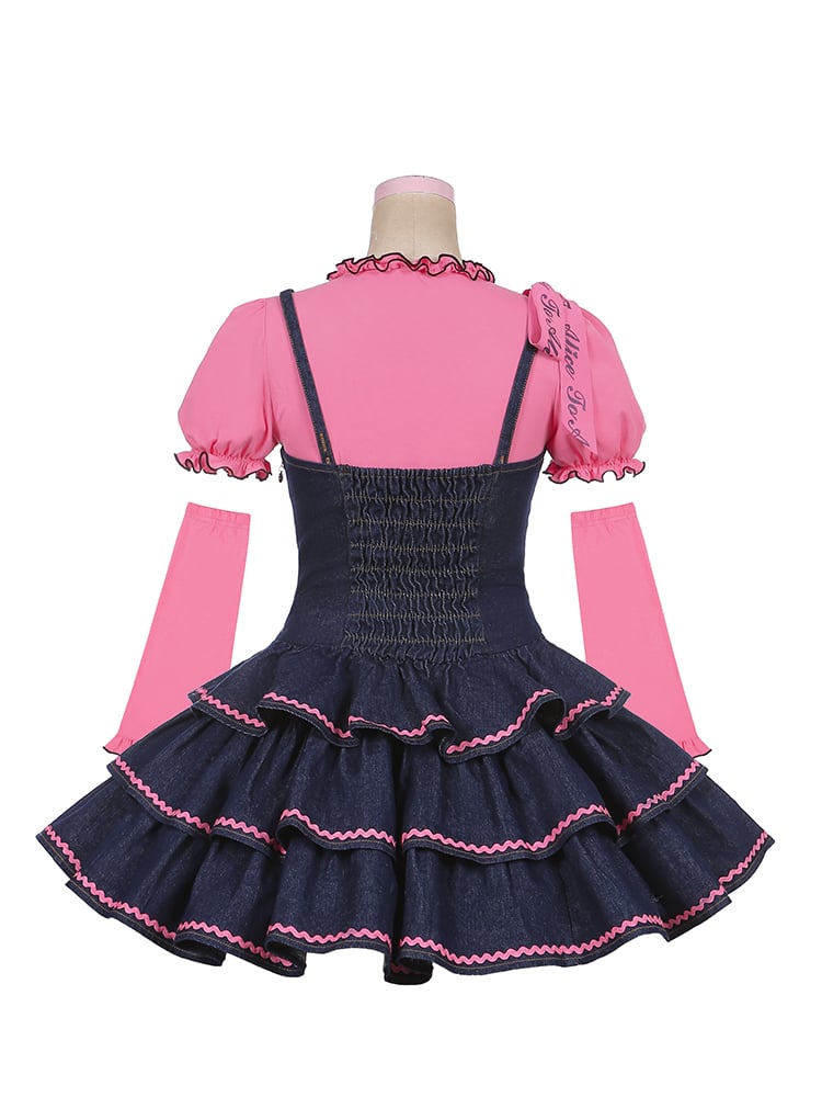 Navy Blue Lace-up Detail Sweet Bow Accents Tiered Skirt Denim Slip Dress