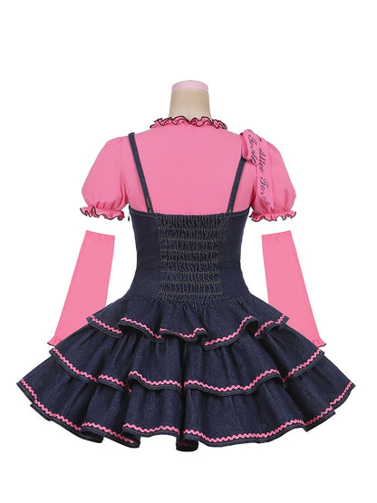 Navy Blue Lace-up Detail Sweet Bow Accents Tiered Skirt Denim Slip Dress