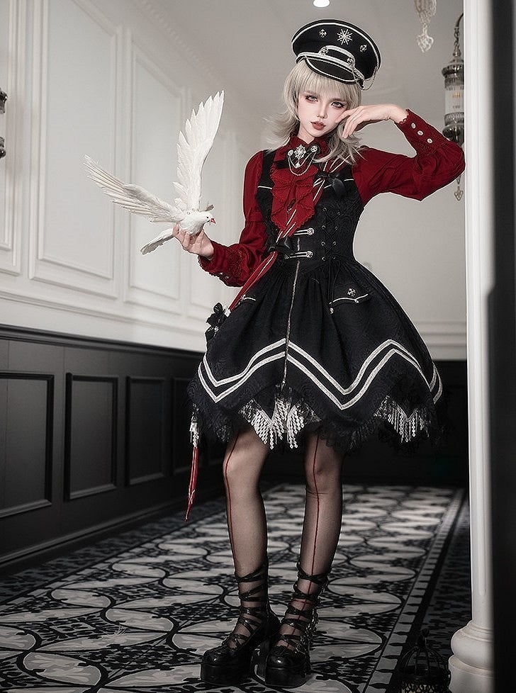 Black with Hem Military Details Lolita Corset Dress Zipper Handkerchief Jacquard