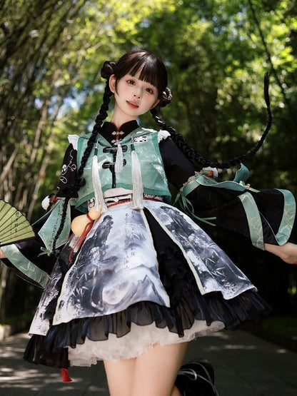 Tassels Lolita Bell Dress with Sleeves Ink-Painting and Black White Style
