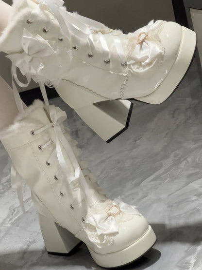 White 8CM High Heel Winter Boots with Front Lace-Up, Lace & Heart Accents - Witch's Night