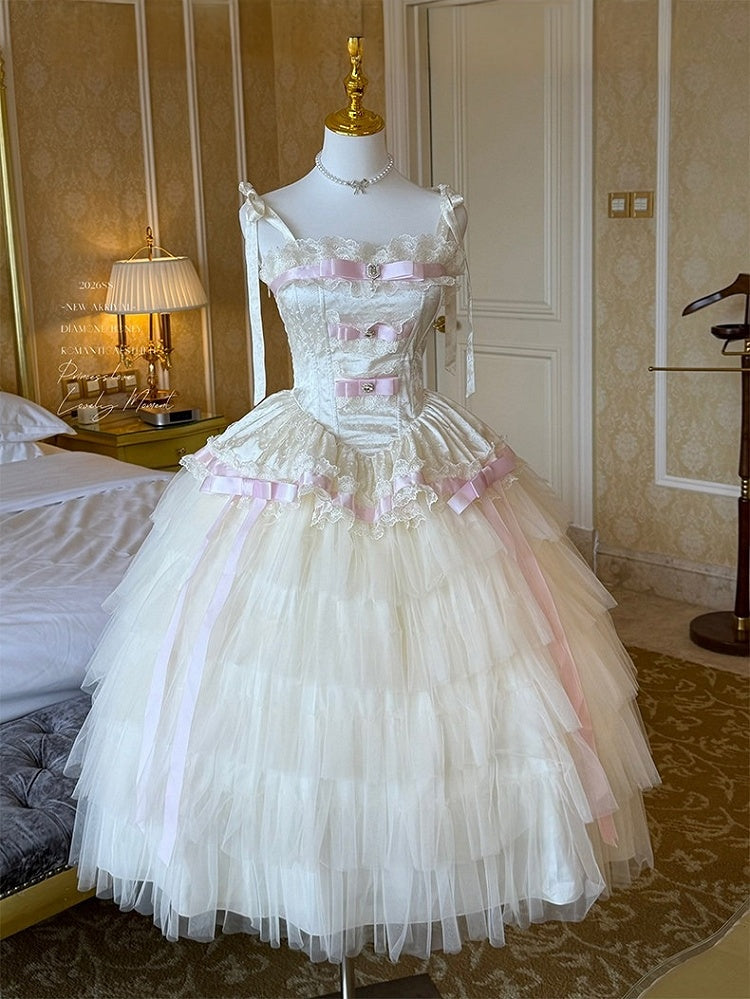 Elegant Beige Pink Layered Tulle Lolita Dress with Bow Accent - Diamond Honey