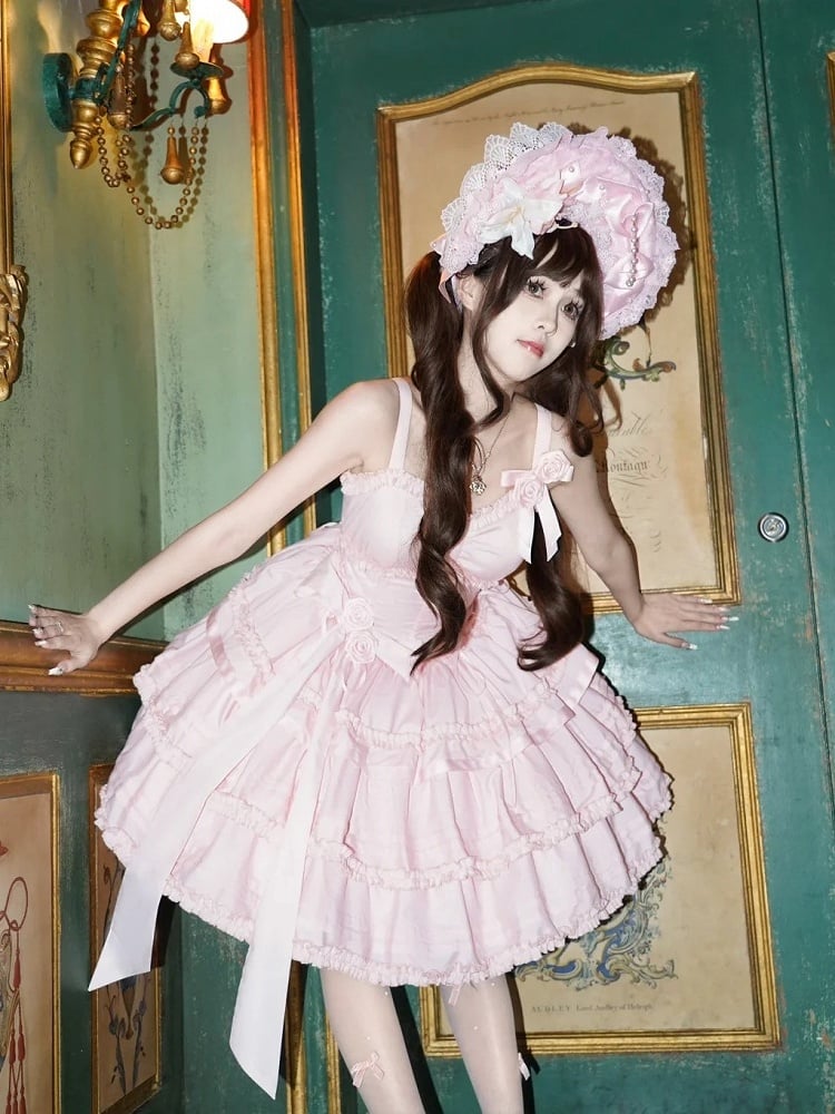 with Lingt Pink Lolita Accents Boned Dress JSK Flower Ruffle Layered