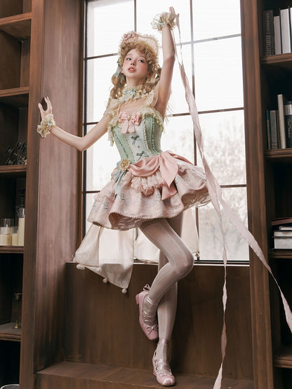 Green Jacquard Boned Bodice Pink Carousel Pattern Skirt Lolita Dress with Big Bow Train