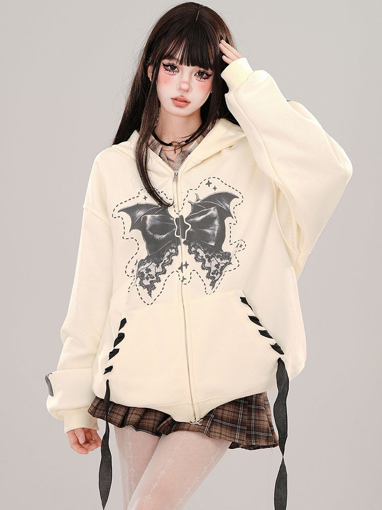 Apricot/Pink Bat Wings Bow Print Zip Hoodie