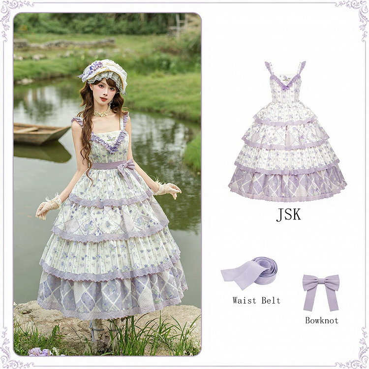 Purple Floral Cat Print Tiered Jumper Dress - With PUJI