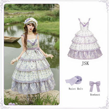 Purple Floral Cat Print Tiered Jumper Dress - With PUJI