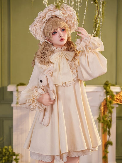 Beige Ärmel Rüschen Langes Kleid Baumwolle Schleife Süß Großer Hoher Lolita Hals
