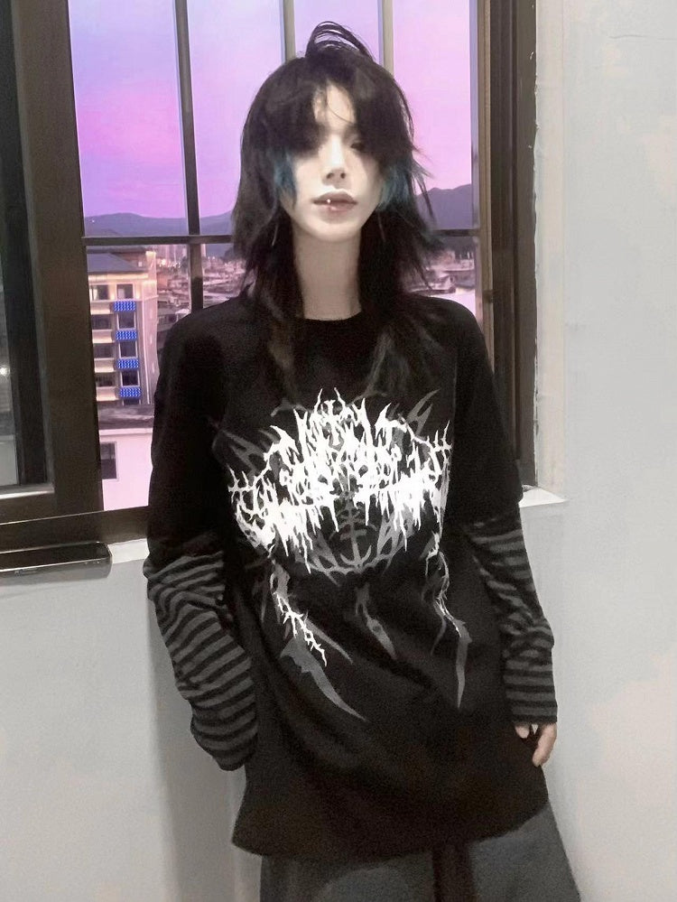 and Dark Top Sleeves Print Faux Gothic Black Two-Piece Striped Fantasy with