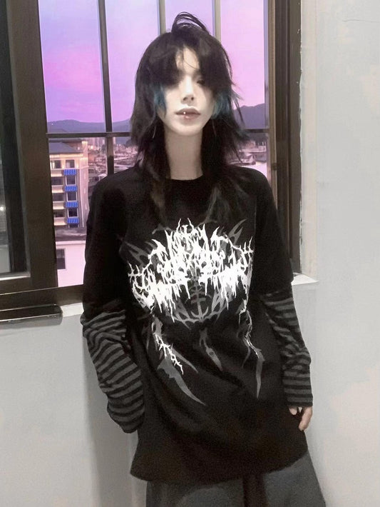 and Dark Top Sleeves Print Faux Gothic Black Two-Piece Striped Fantasy with