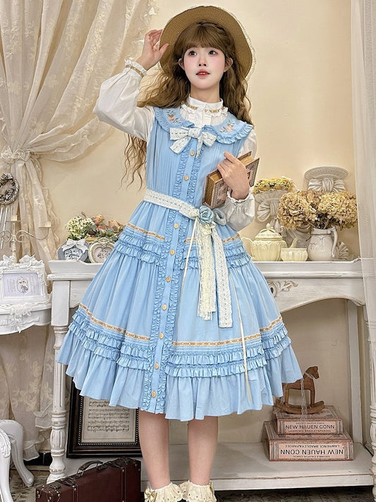 Cottagecore Layers with Dress Embroidery Lolita Floral Country Ruffled Blue