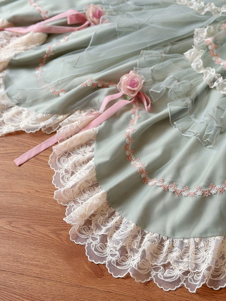 Green Basque Waist Floral Bowknots Hanayome Lolita OP / Full Set