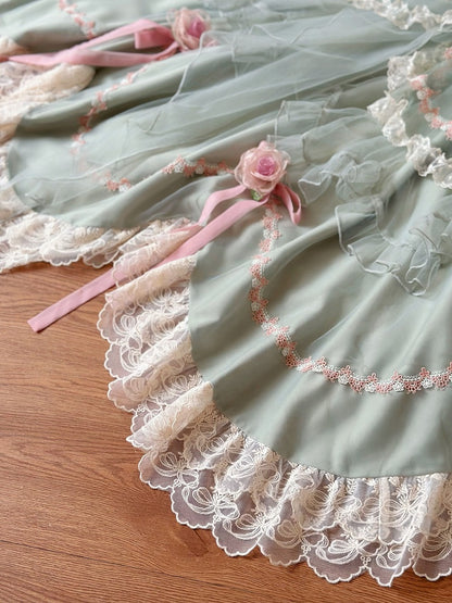 Green Basque Waist Floral Bowknots Hanayome Lolita OP / Full Set