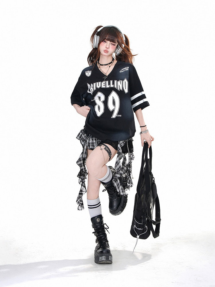 Black V-neck Number Print Loose T-shirt