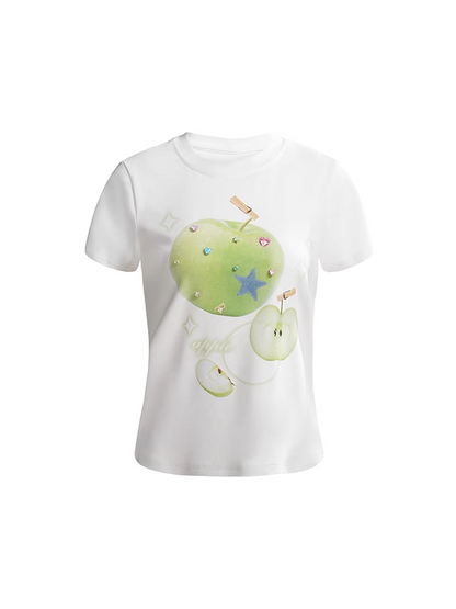 装飾Tシャツ グリーンアップルプリント ホワイト ラウンドネック ラインストーン