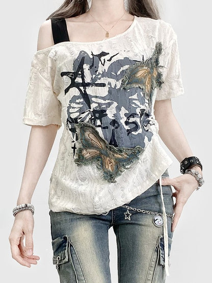 蝶の白いかわいいネックラインアップリケのほろ苦いTシャツ非対称