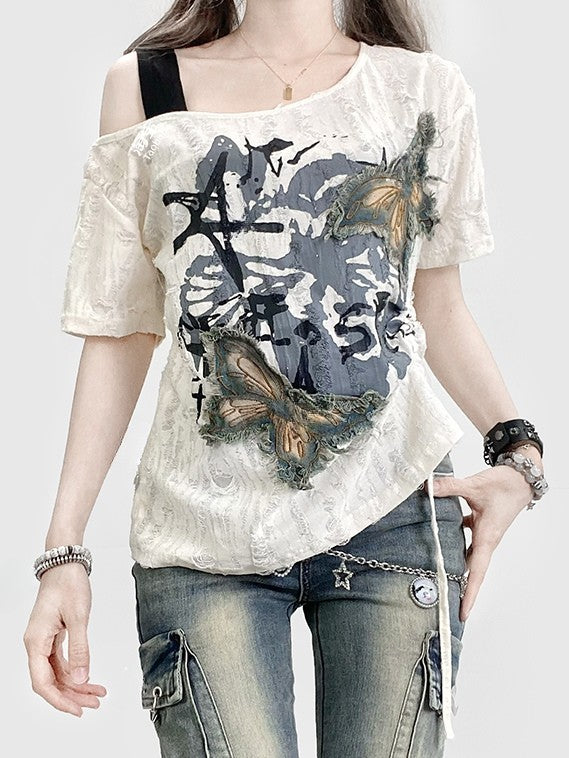 Butterfly Bittersweet Neckline Kawaii T-shirt Asymmetrical Applique White
