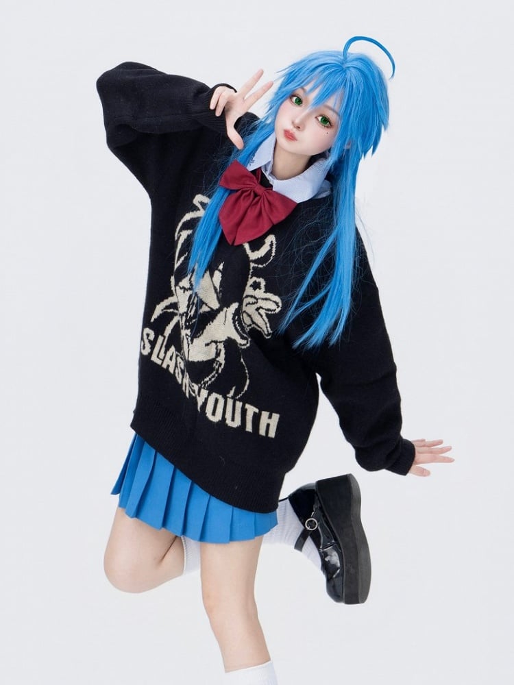 Cartoon Mädchen Strickpullover mit Print und Buchstaben in Schwarz