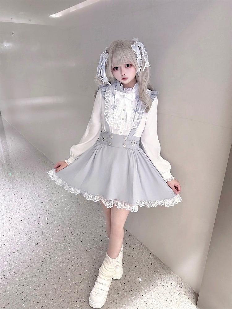 Bow with Ruffle White Included Jirai Free Blue and Neckline Kei Blouse Tie | Dusty