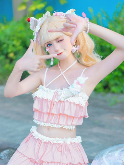 ピンクのティアードフリルディテールレーストリム水着 蝶結び