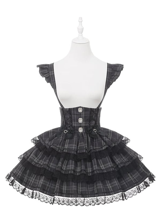 Plaid Flutter Landmine Tiered Skirt with Style Sleeves Suspender Gray Vintage