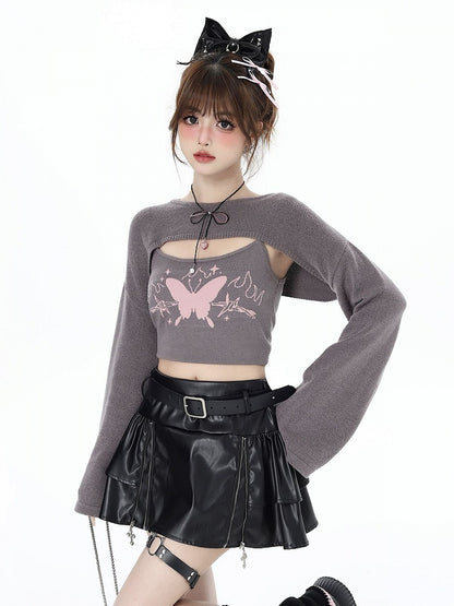 Gray Knit Bolero with Butterfly Print Camisole Ensemble - CRAZY GIRL