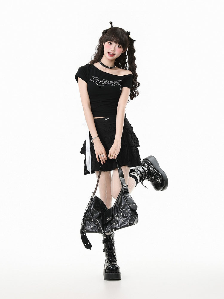 One-Shoulder Lace-Up Short Sleeve T-Shirt with Rhinestone Letter Embellishment Blue/White/Black