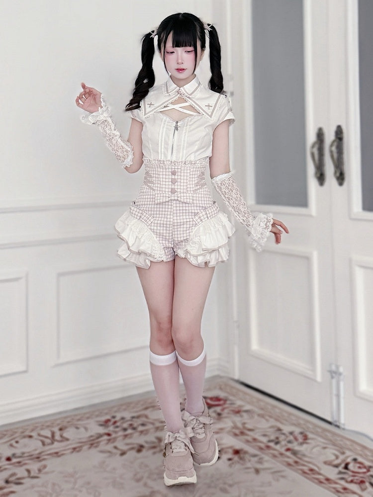 White & Pink Hollow Blouse with Plaid Skort Set - Shi Zhai Xin