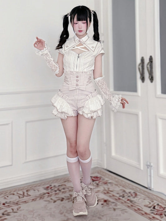 White & Pink Hollow Blouse with Plaid Skort Set - Shi Zhai Xin