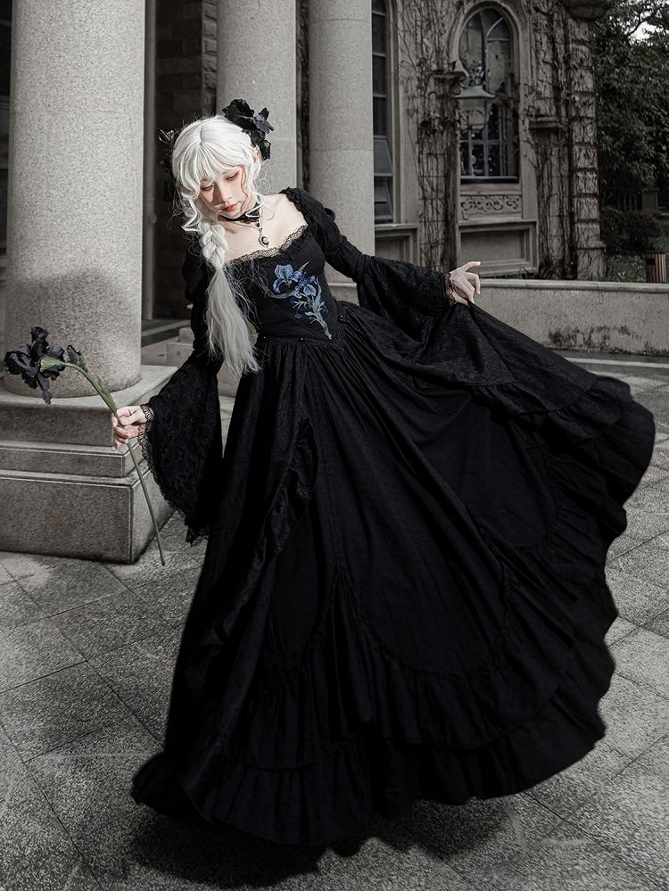 Lolita Black Skirt Dress Drawstring Iris with Gothic Elegant Embroidery