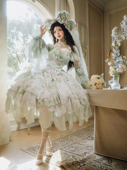Hanayome Short Lolita Flowing Accents Dress Green Layered Version JSK Ruffles with Light Rose