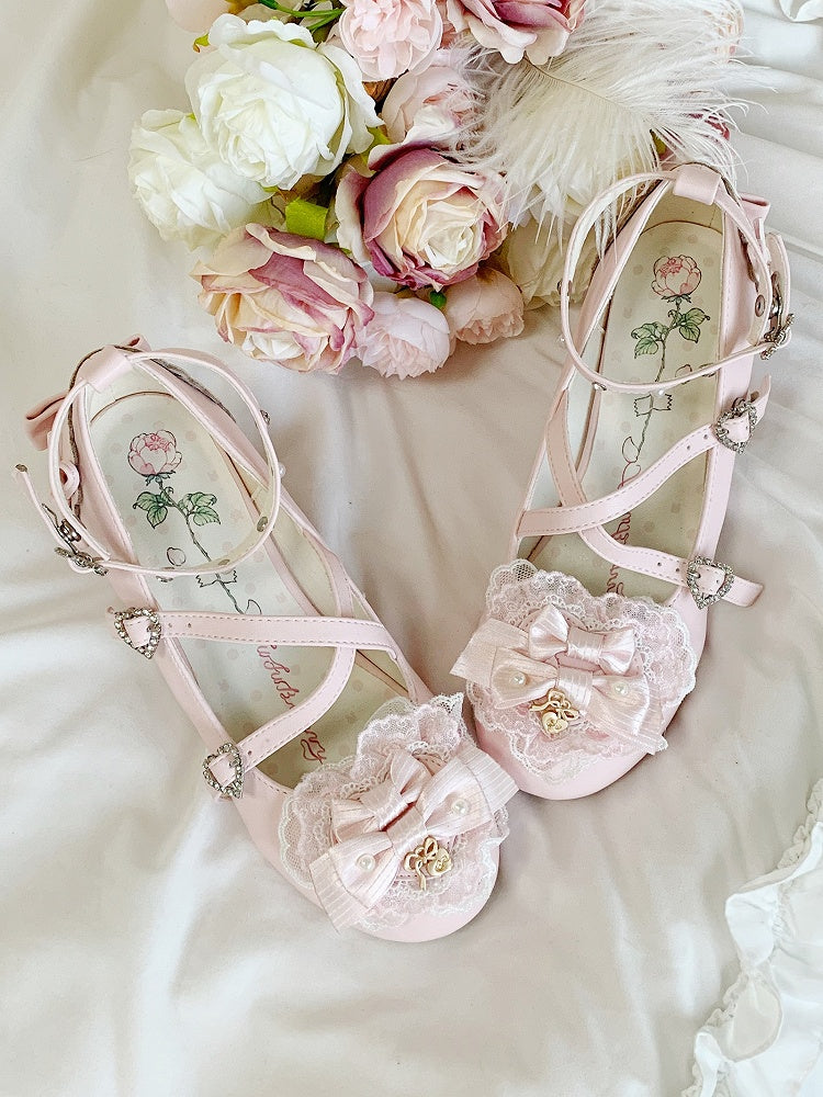 Pink High - Design Heel Embellishments Bow Janes Mary PU with Light Crisscross Sweet Leather