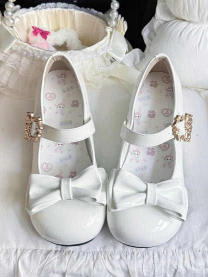 Janes Cat Lolita Clasp Details with Sweet White Low-heel Design Bow Mary