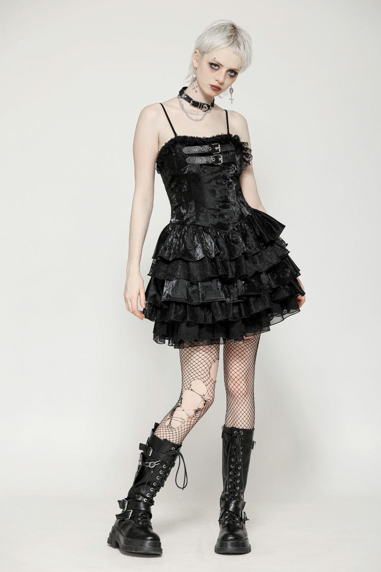 Black Sleeveless Ruffled Party Slip Dress Punk Graduation