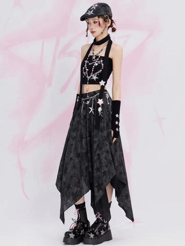 Black Y2K Stars Handkerchief Hem Skirt