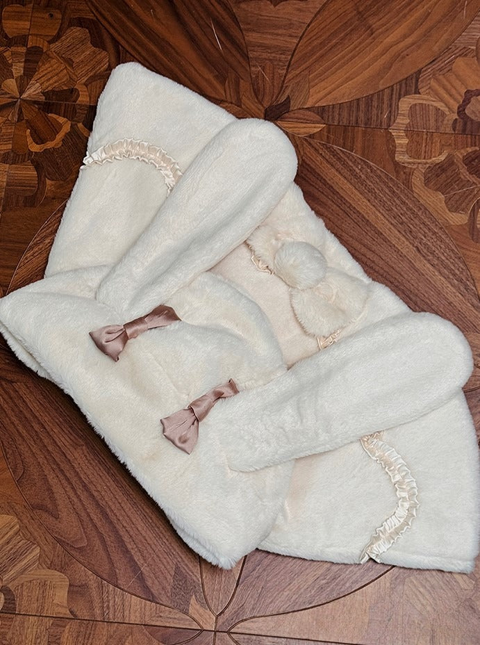 White Bunny Ears Hooded Lolita Cape with Brown Bows Pom-poms - Twin Bear Original Design