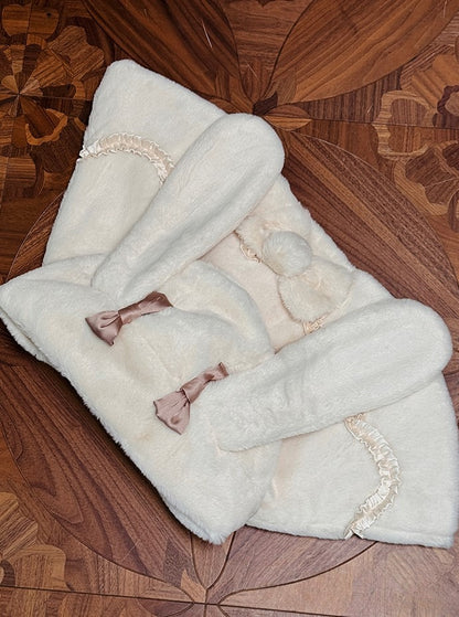 White Bunny Ears Hooded Lolita Cape with Brown Bows Pom-poms - Twin Bear Original Design