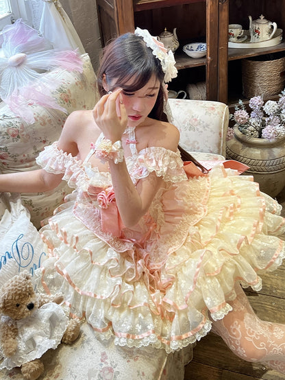 Rosa Kleid Rüschen Korsett Fee Prinzessin Spitze Kei Neckholder Stufenhals Taille Rock