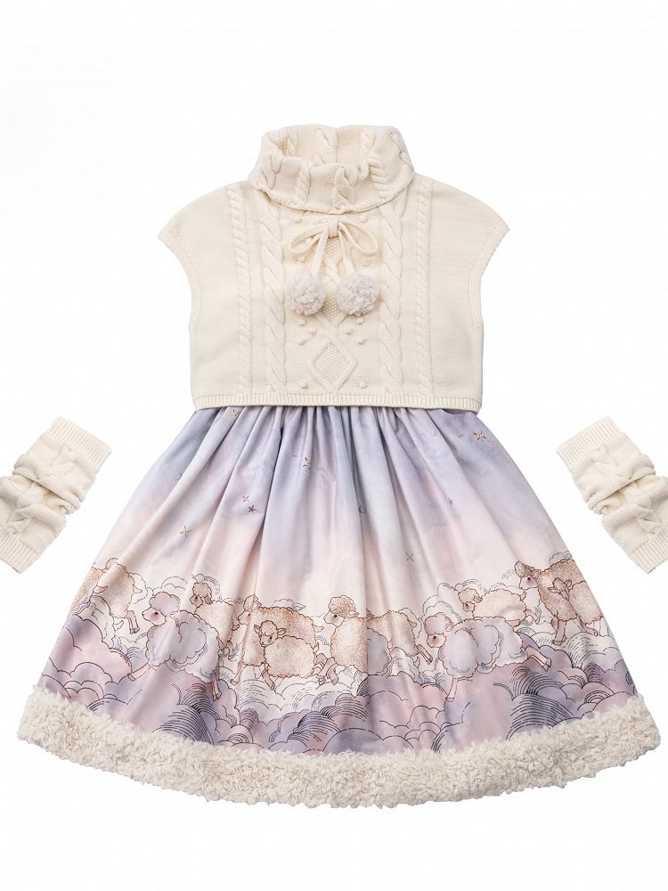 Lolita Top Knit Sheep Winter and Print Set Sleeves Dress Cloud Sweet for Autumn Purple +