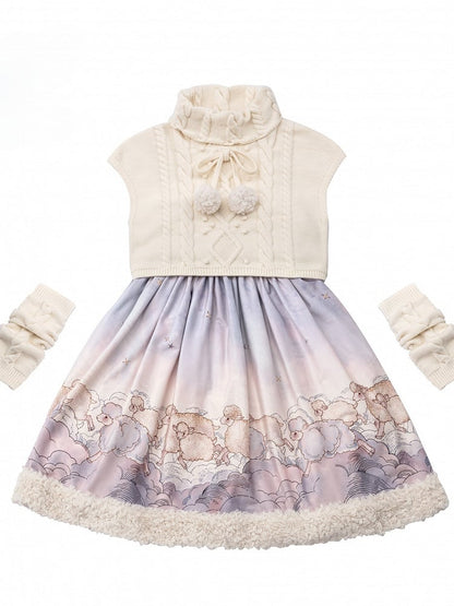 Lolita Top Knit Sheep Winter and Print Set Sleeves Dress Cloud Sweet for Autumn Purple +