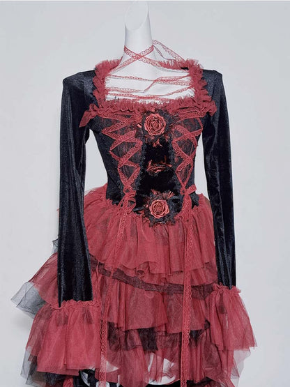 GothicBlack and Red Lace Square Neck Rosette Top