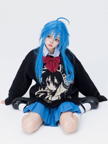 Cartoon Mädchen Strickpullover mit Print und Buchstaben in Schwarz