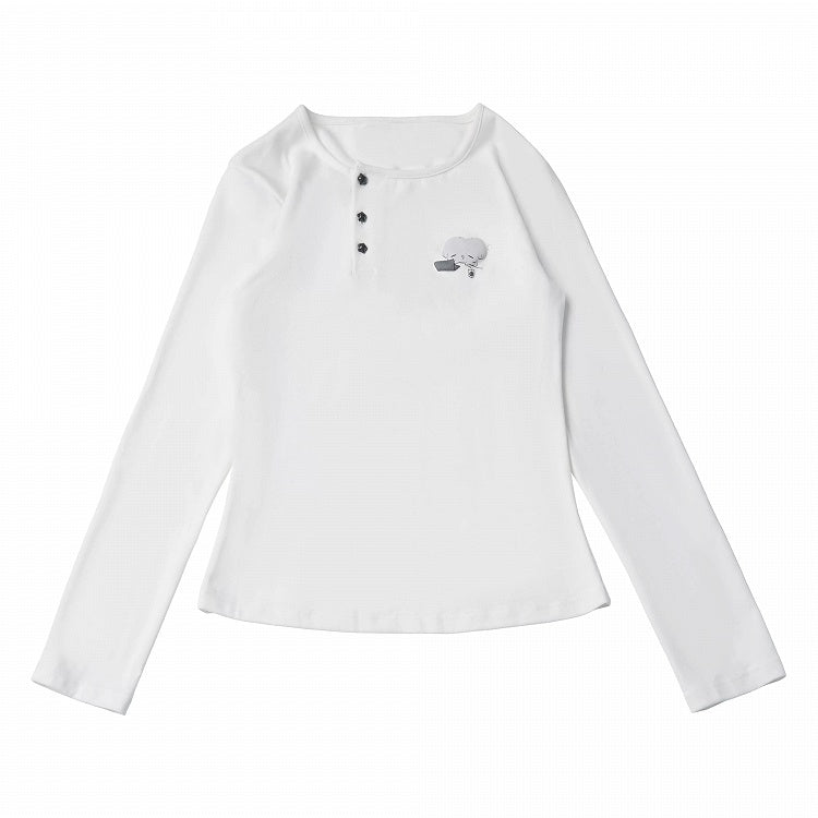 Kawaii White Puffy Mouse Print Waist-cinching Long Sleeve Top with Shawl - PINK SAVIOR