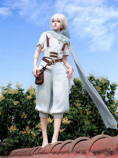Light Blue & White Lolita Top with Asymmetrical Collar and Short Sleeves - Xiong Dou Jiang