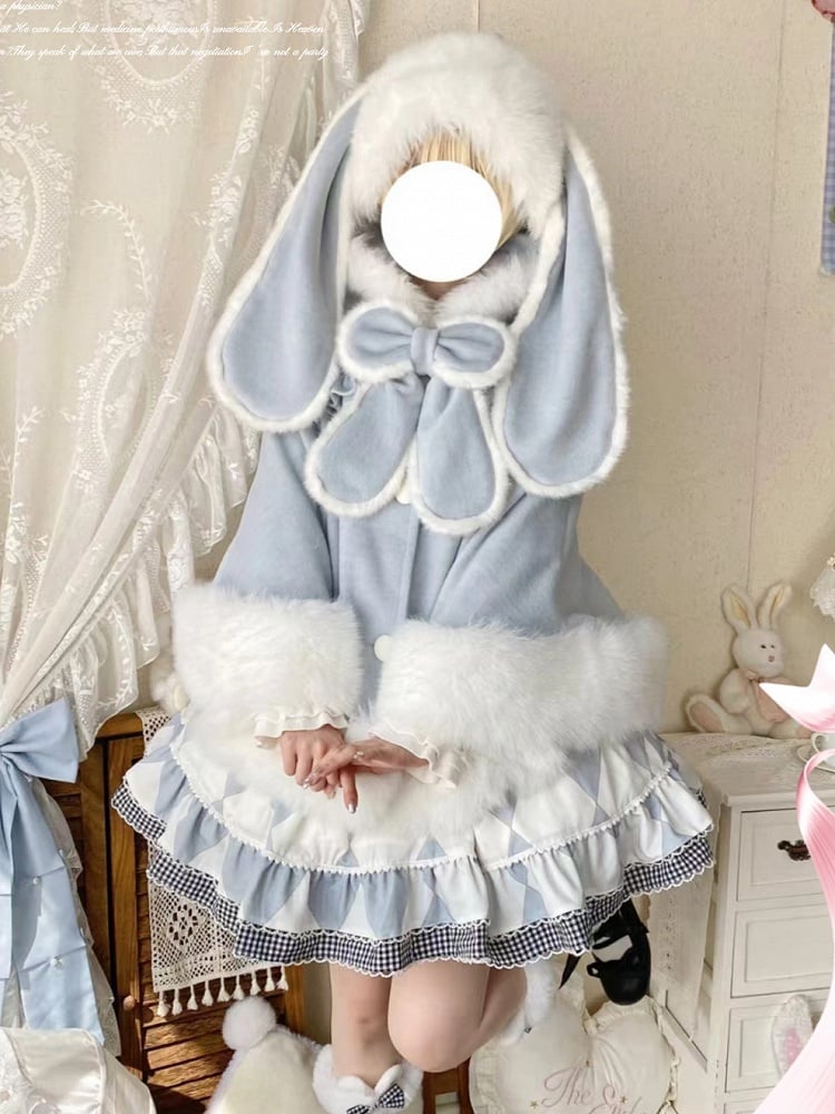 Coat with and Winter Bunny Lolita Blue Lining Sweet Ears Plush Cape