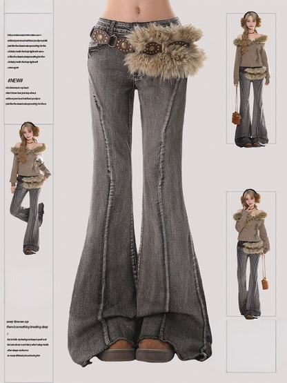 Trendy Black Flared Jeans with Furry Waist Belt - Rayohopp