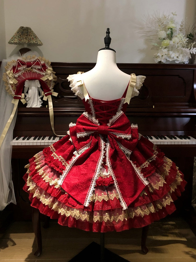 Kleid Rot Prinzessin Tiered Verziert Perlen Rock Schleifen Lolita Kette