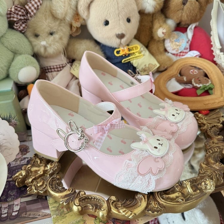 Mary Winged Low-heel/Mid-heel with Lace Patch - Bunny Lolita Buckle Rabbit Trim Pink Janes Sweet