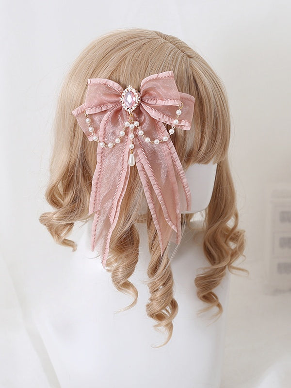 Rhinestone Bowknot Chains Hairclip With Large Pink Gorgeous Bead Lolita