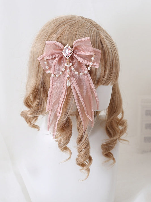 Rhinestone Bowknot Chains Hairclip With Large Pink Gorgeous Bead Lolita